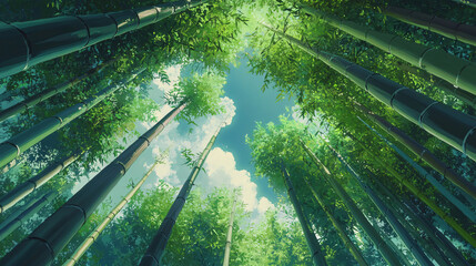 upward view dense bamboo forest clear blue sky natural tranquility,vertical composition towering bamboo stalks serene lighting effect,raw,huge,planet,explore,travel,national, park,zen,life,earth