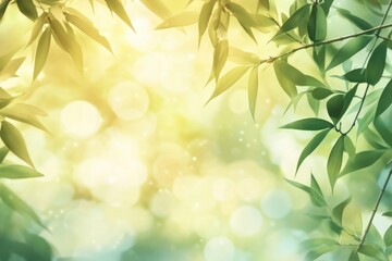 Beautiful bamboo tree background with a bokeh effect, the green and yellow colors of the leaves, a close-up view of bamboo stalks, a nature concept for a spa or wellness design element.