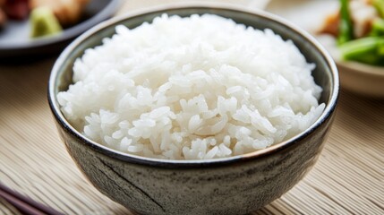 Close-up of a traditional Japanese rice bowl filled with white rice. Featuring a simple, elegant presentation. Emphasizing traditional Japanese dining. Ideal for Japanese cuisine and cultural content.