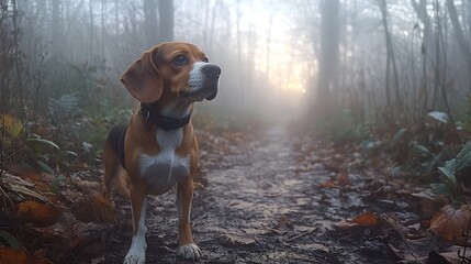 Beagle Sniffing Around on Forest Trail