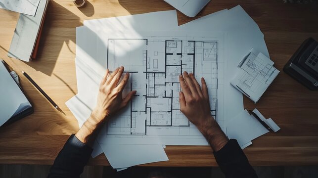 Top view of architect working with blueprints in office. Construction concept.