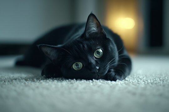 Black cat lying on white carpet, looking at the camera, a close-up portrait shot of the face, in an indoor environment with soft lighting and warm tones.  - Powered by Adobe