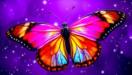 A butterfly with vibrant orange, yellow, blue, purple wings against a glowing purple background