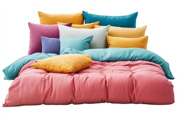 Bright and cozy bedding arrangement with multiple colorful pillows and comforters in a relaxed bedroom setting