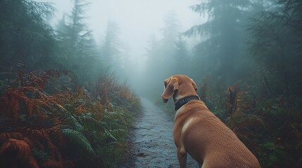 A beagle sniffing around a forest trail during a foggy morning