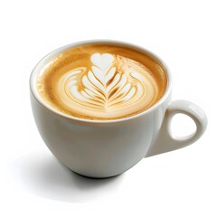 Aesthetic Coffee Cup with Heart Latte Art on a White Background
