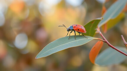 Ladybug walking eucalyptus leaf, blurred background, nature stock