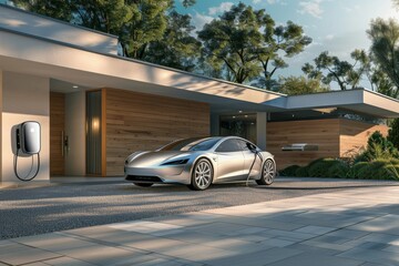 A sleek, futuristic electric car charges at a modern home equipped with solar panels. The serene environment and advanced technology highlight sustainable living and cutting-edge automotive design.