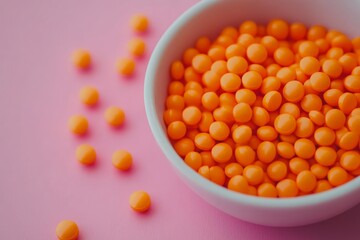 Colorful orange candy balls in a white bowl on a pink background create a cheerful and playful atmosphere