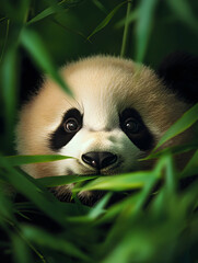 A panda cub peeking out from behind tall bamboo, chewing a leaf quietly.


