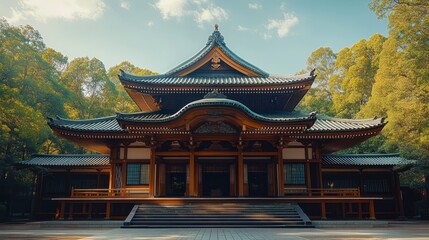 Fototapeta premium Serene Japanese Temple Amidst Lush Greenery