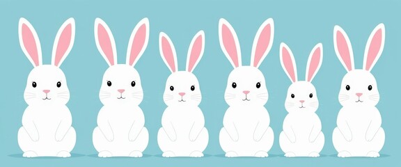 Cute white rabbits illustration in a row with pastel blue background.