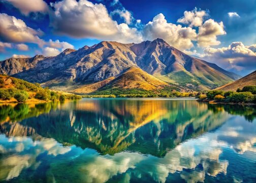 Kourna Lake's majestic peaks reflect in azure waters, offering breathtaking Crete landscapes.