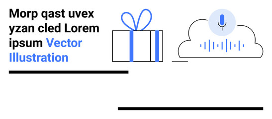 Gift box with blue ribbon and cloud storage icon featuring microphone and sound waves. Ideal for technology, cloud storage, audio recording, data security, online services, digital gifts, and web