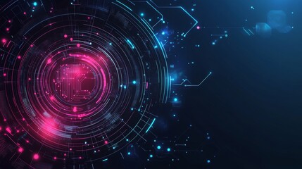 Obraz premium Abstract futuristic technology space background with glowing blue and purple lights, dynamic grid patterns, and geometric shapes, symbolizing innovation, data flow, and digital connectivity in a moder