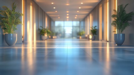 Fototapeta premium Serene Abstract Hallway with Soft Lighting, Indoor Plants, and Modern Design Elements for Contemporary Spaces