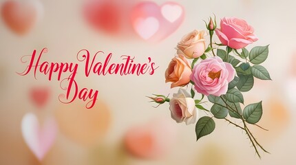 Floral elements on a colorful postcard with a caption "Happy Valentine's Day".