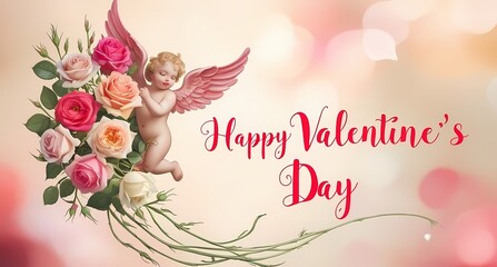 Floral elements on a colorful postcard with a caption "Happy Valentine's Day".