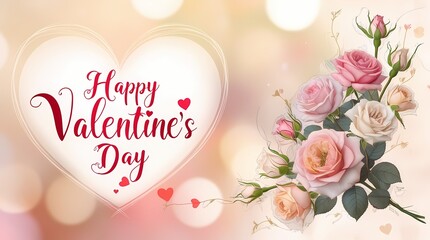 Floral elements on a colorful postcard with a caption "Happy Valentine's Day".