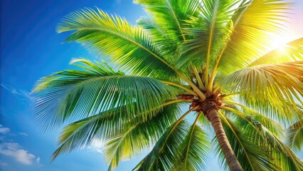 Lush coconut fronds against a hazy blue sky; a tropical summer escape.