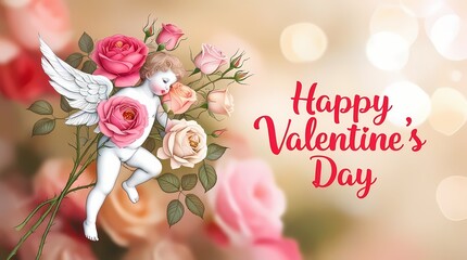 Floral elements on a colorful postcard with a caption "Happy Valentine's Day".