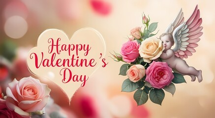 Floral elements on a colorful postcard with a caption "Happy Valentine's Day".
