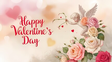 Floral elements on a colorful postcard with a caption "Happy Valentine's Day".