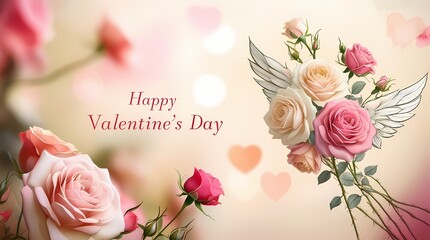 Floral elements on a colorful postcard with a caption "Happy Valentine's Day".