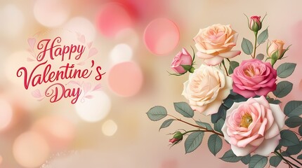 Floral elements on a colorful postcard with a caption "Happy Valentine's Day".
