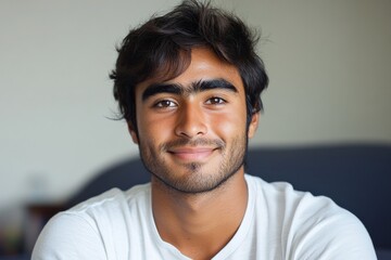 Fototapeta premium Young man with a warm smile poses for a casual portrait in a comfortable indoor setting