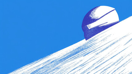 Abstract illustration of helmet on snowy slope against blue background, evoking adventure