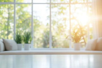 Naklejka premium Blur living room at home with morning sunlight at big window for background usage. blur interior background concept. white, britht tone.