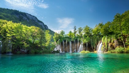 Obraz premium majestic waterfalls cascade into a serene emerald lake surrounded by mountains and lush forests during a bright sunny day