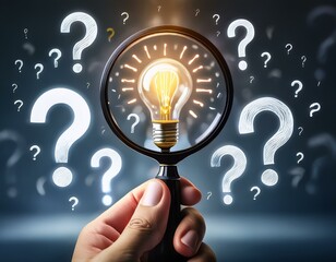idea discovery and inquiry concept hand holding a magnifying glass over question marks with bulb