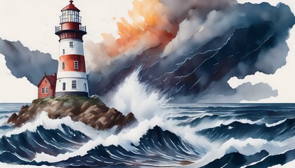 a watercolor depiction of a historic lighthouse during a storm