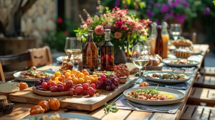 Obraz premium Wine and Snacks on a Wooden Table in a Summer Garden