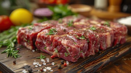 Raw Beef Steaks with Spices and Herbs on a Cutting Board