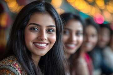 Fototapeta premium Young woman smiles warmly at a festive gathering with friends during evening celebrations in a vibrant setting