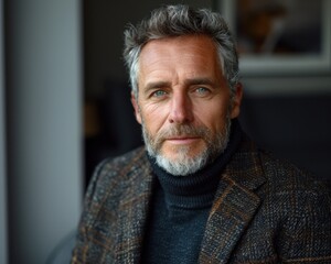 Fototapeta premium Portrait of a Handsome Mature Man with Gray Beard and Mustache Wearing a Coat