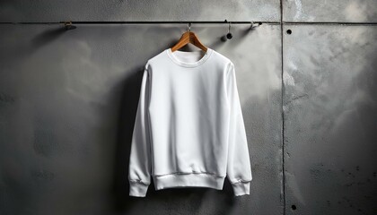 a white sweatshirt hanging on a concrete wall background with a close up view on a hanger in a studio room with grey grunge walls a mockup template for design presentations with copy space