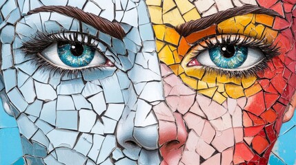 Artistic Portrait of a Woman with Colorful Broken Tiles Design