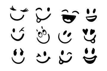 Happy doodle smiley collection isolated on white background. Simple faces. Cute icon set