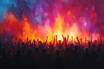 Vibrant celebration with colorful flames illuminating a cheering crowd at night