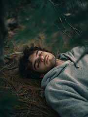 Moody portraits men misty forests,lying peacefully sitting reflective poses,cozy sweaters serene expression,tranquility nature deep green,warm,nap,fit,sexy,park,pretty,cute,woods,garden,male,shadow
