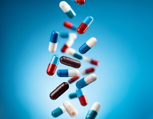 antibiotic pill capsules falling healthcare and medical on a blue background