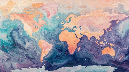 Fototapeta premium This artwork features an abstract representation of a world map, where land masses are depicted in warm colors and surrounded by flowing oceanic hues