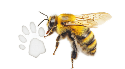Realistic Illustration of a Yellow Bee with Transparent Paw Print on White Background for Creative and Educational Purposes in Nature and Wildlife Themes