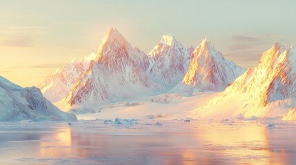 Obraz premium Snow-covered peaks rise against a soft pastel sky, their reflections shimmering in calm waters as the sun rises, illuminating the icy landscape with warm hues