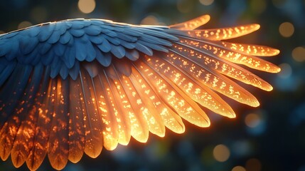 A bird wing frozen mid flap with intricate feather patterns glowing in sunlight