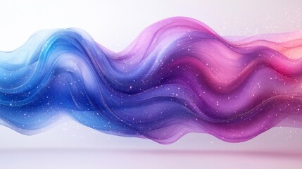 Abstract fluid waves in cyan blue and magenta with sparkling particles on a minimal white background. Generative AI